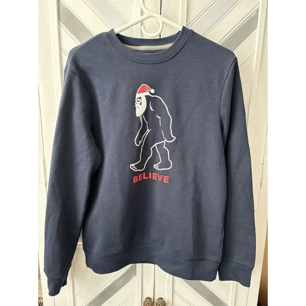 Old Navy Unisex Small Blue Bigfoot Christmas Santa Believe‎ Graphic Sweatshirt